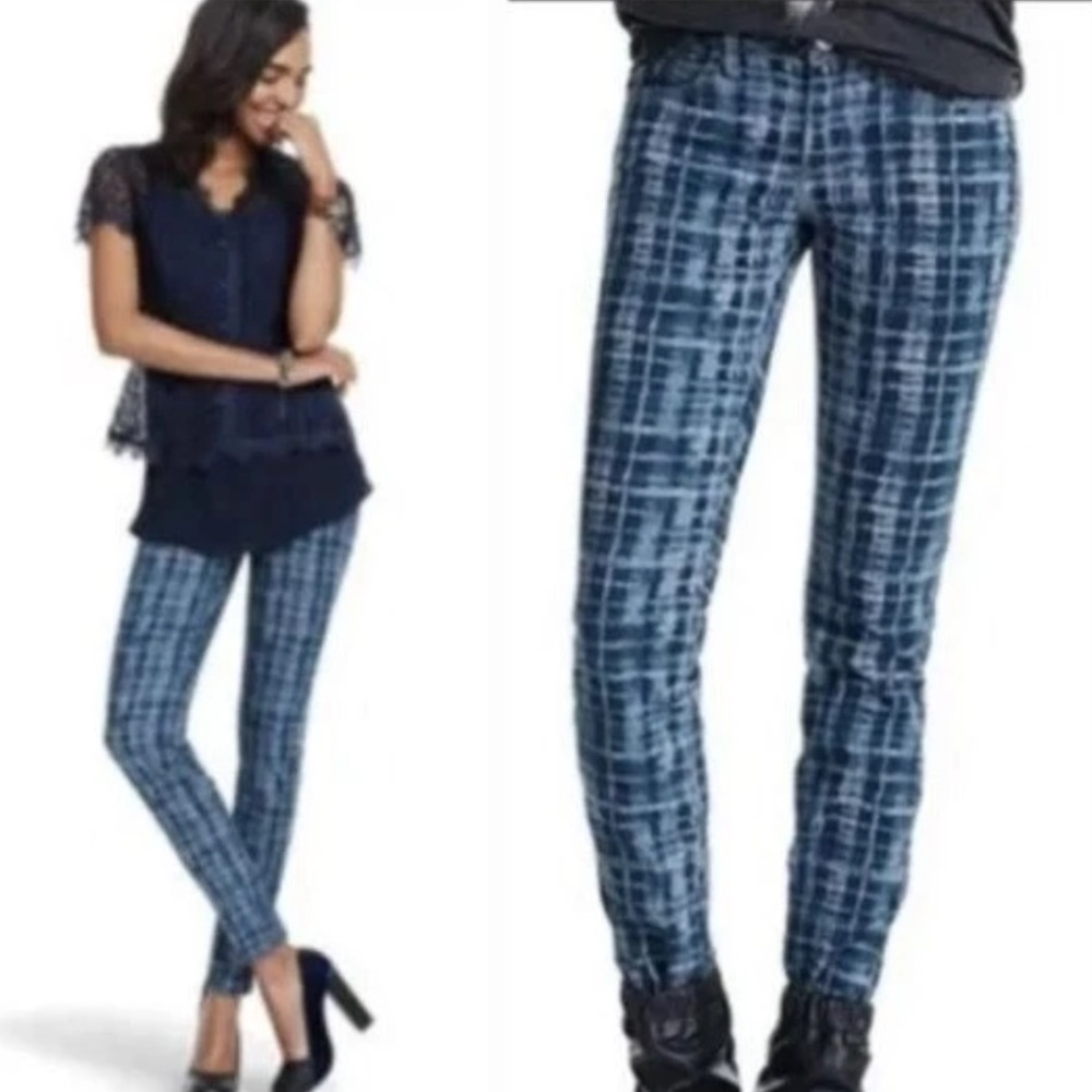 Cabi super soft blue and grey geometric Grid Print Skinny stretch low rise Jeans